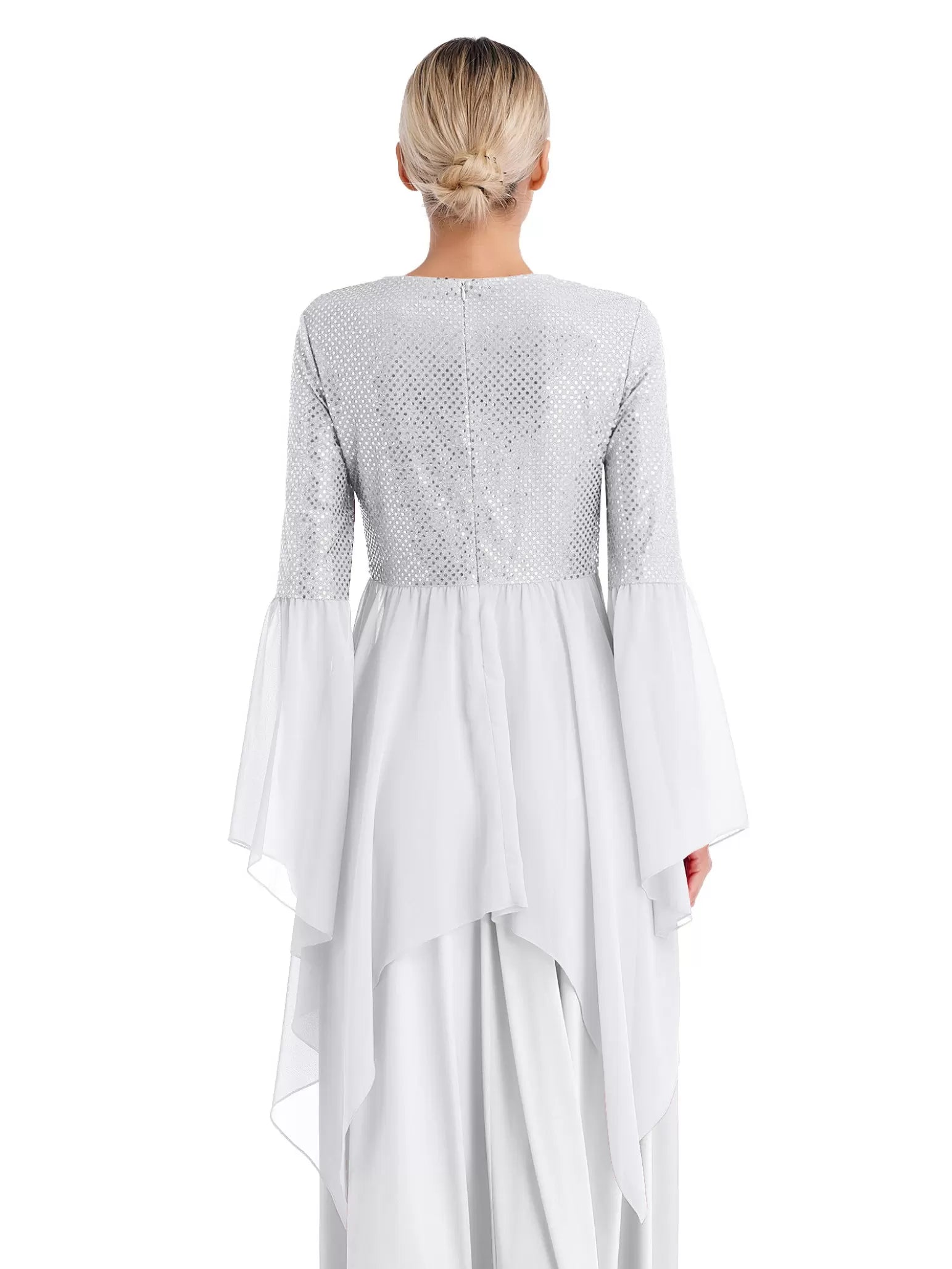 Women Long Sleeve Sequins Asymmetrical Liturgical Dance Dress