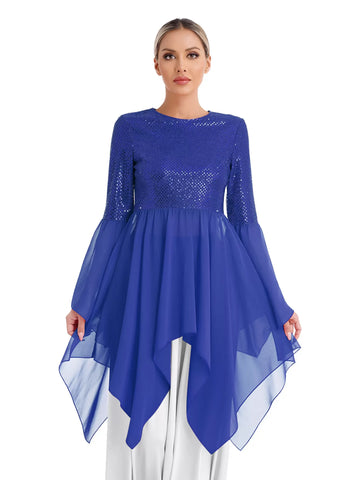 Women Long Sleeve Sequins Asymmetrical Liturgical Dance Dress