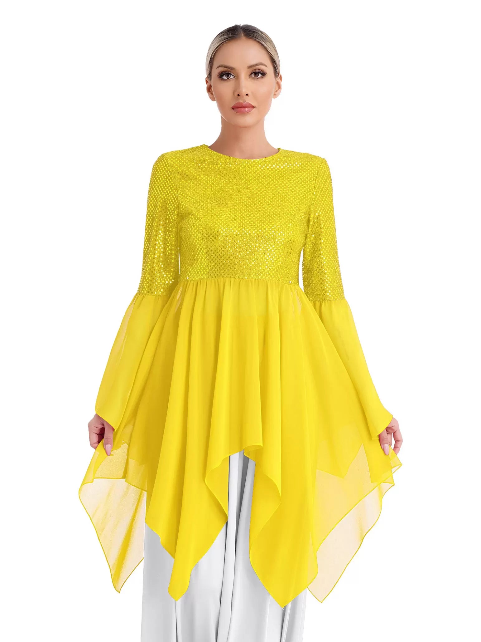 Women Long Sleeve Sequins Asymmetrical Liturgical Dance Dress