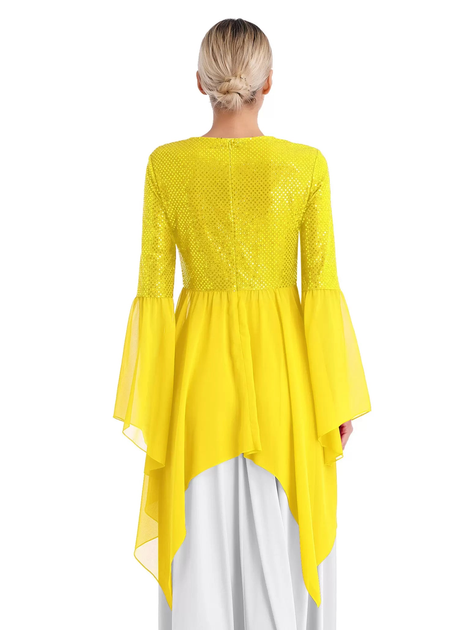 Women Long Sleeve Sequins Asymmetrical Liturgical Dance Dress