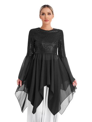 Women Long Sleeve Sequins Asymmetrical Liturgical Dance Dress