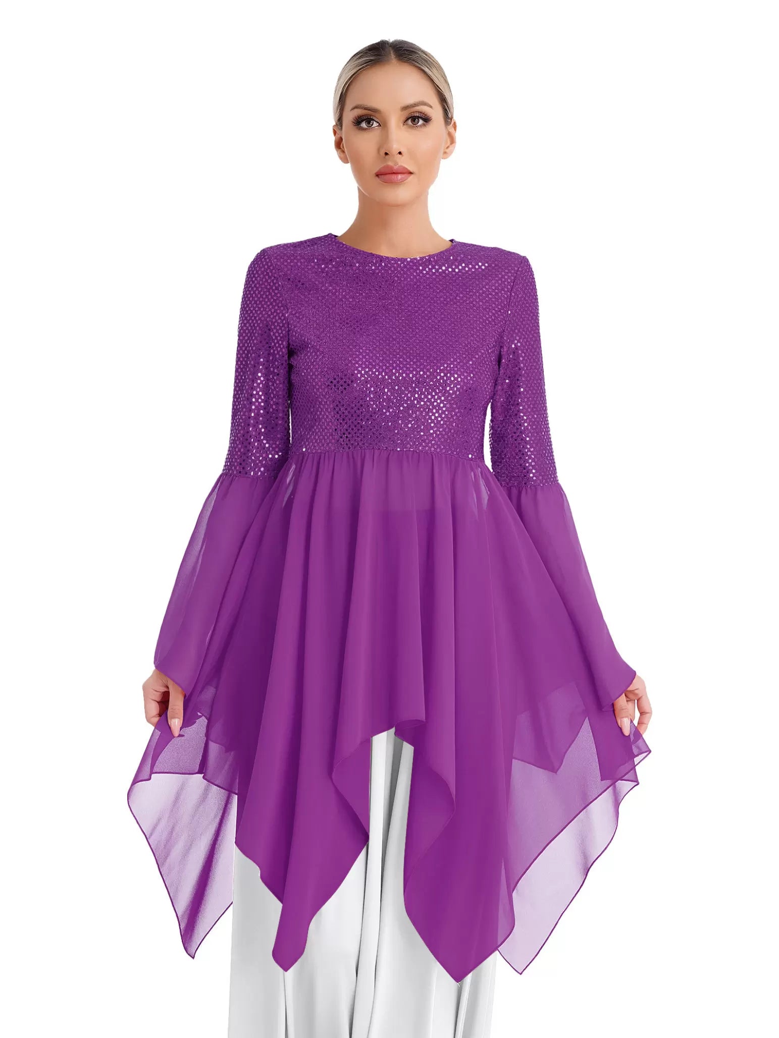 Women Long Sleeve Sequins Asymmetrical Liturgical Dance Dress