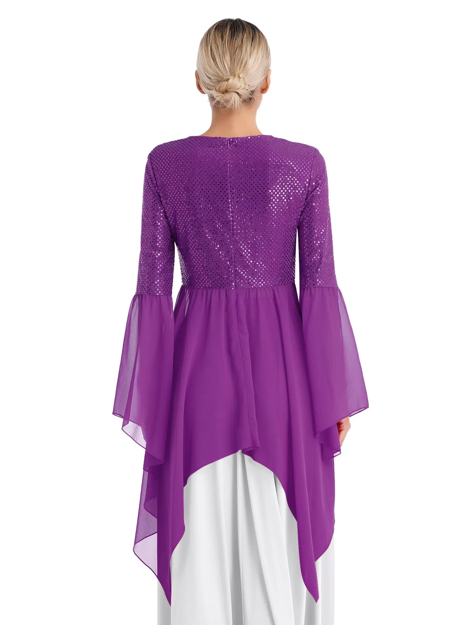 Women Long Sleeve Sequins Asymmetrical Liturgical Dance Dress