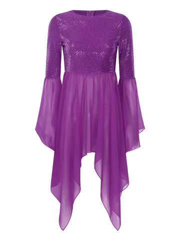 Women Long Sleeve Sequins Asymmetrical Liturgical Dance Dress