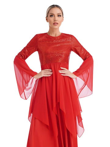 Women Long Sleeve Sequins Asymmetrical Liturgical Dance Dress