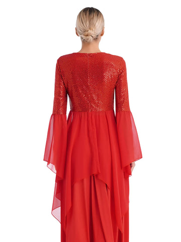 Women Long Sleeve Sequins Asymmetrical Liturgical Dance Dress