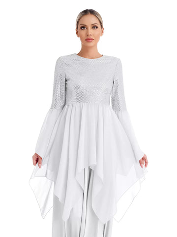 Women Long Sleeve Sequins Asymmetrical Liturgical Dance Dress