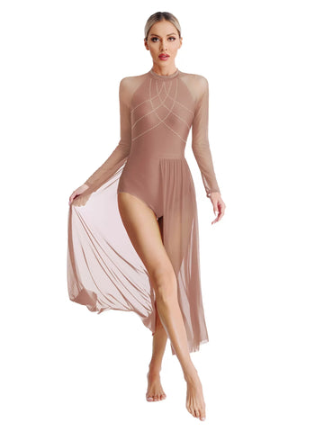 Women Long Sleeve Rhinestones Mesh Split Dance Maxi Leotard Dress