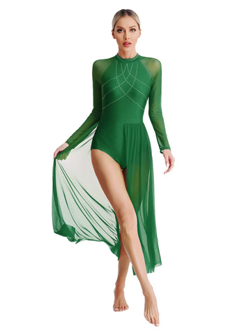 Women Long Sleeve Rhinestones Mesh Split Dance Maxi Leotard Dress