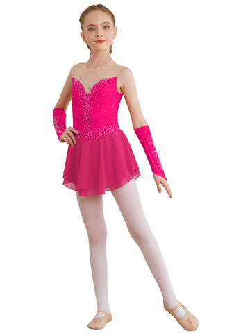 Kids Girls Sleeveless A-line Figure Skating Leotard Dress with Gloves