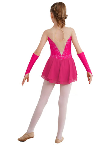 Kids Girls Sleeveless A-line Figure Skating Leotard Dress with Gloves