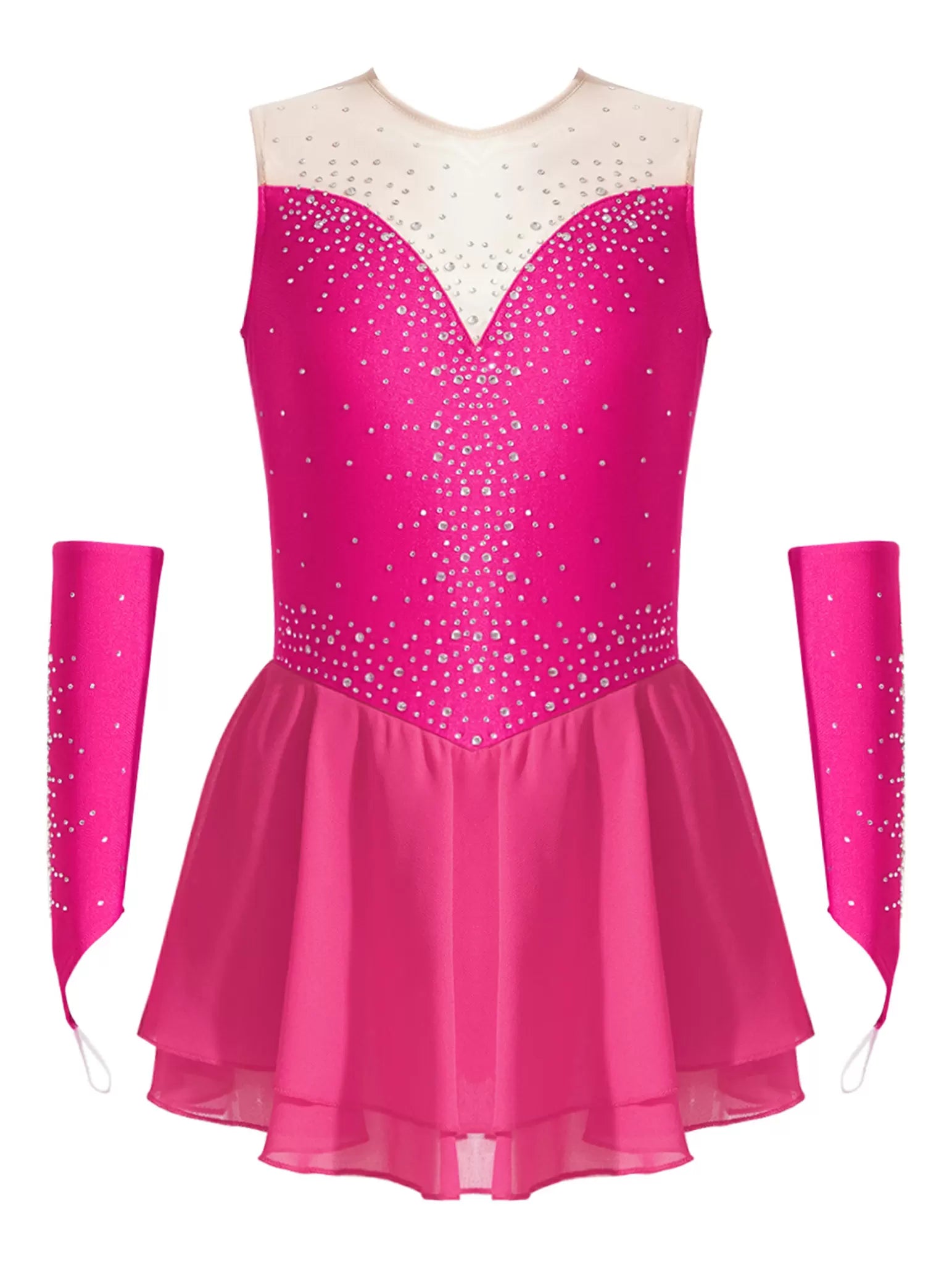 Kids Girls Sleeveless A-line Figure Skating Leotard Dress with Gloves