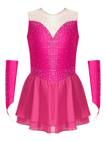 Kids Girls Sleeveless A-line Figure Skating Leotard Dress with Gloves