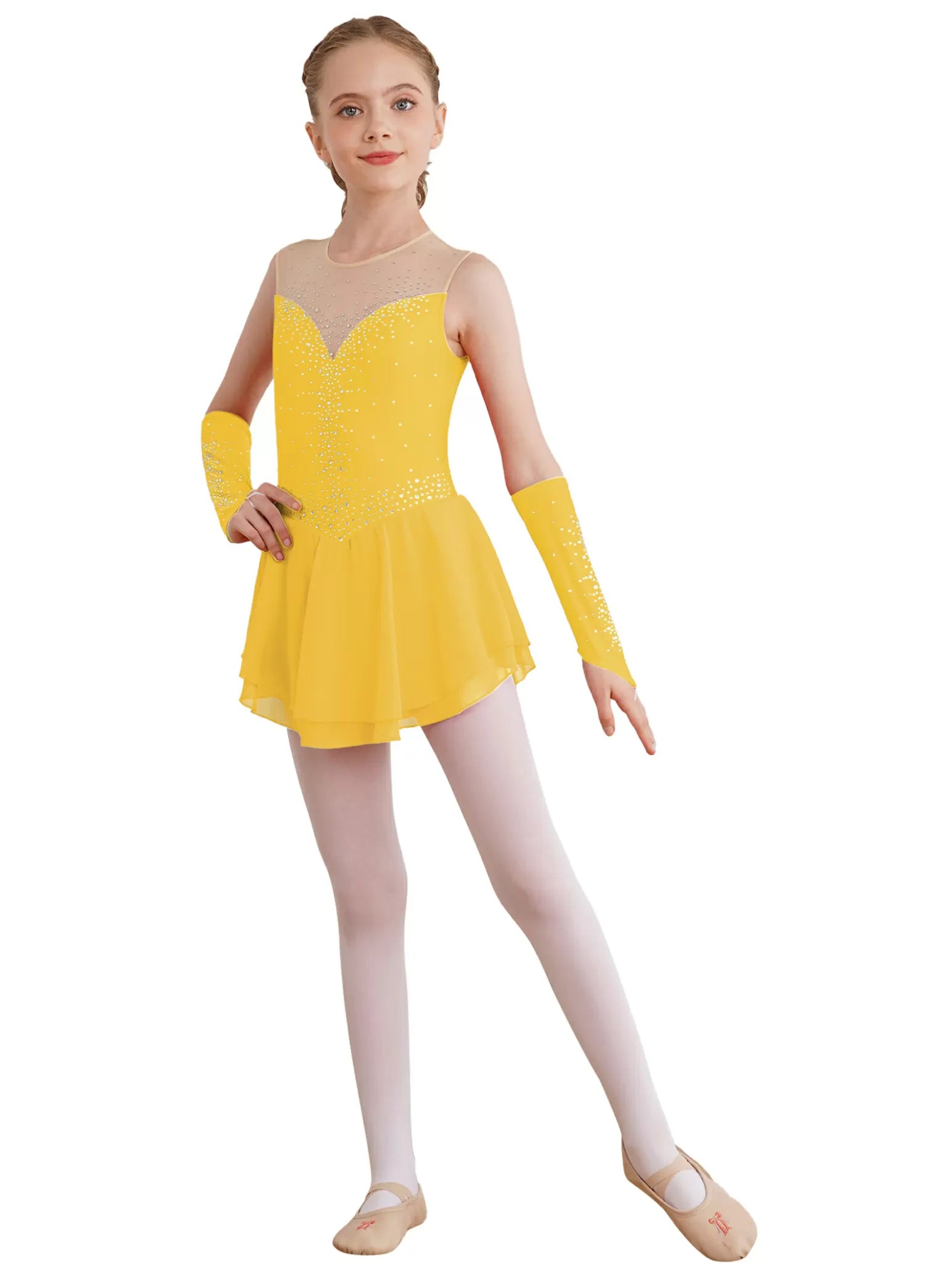 Kids Girls Sleeveless A-line Figure Skating Leotard Dress with Gloves