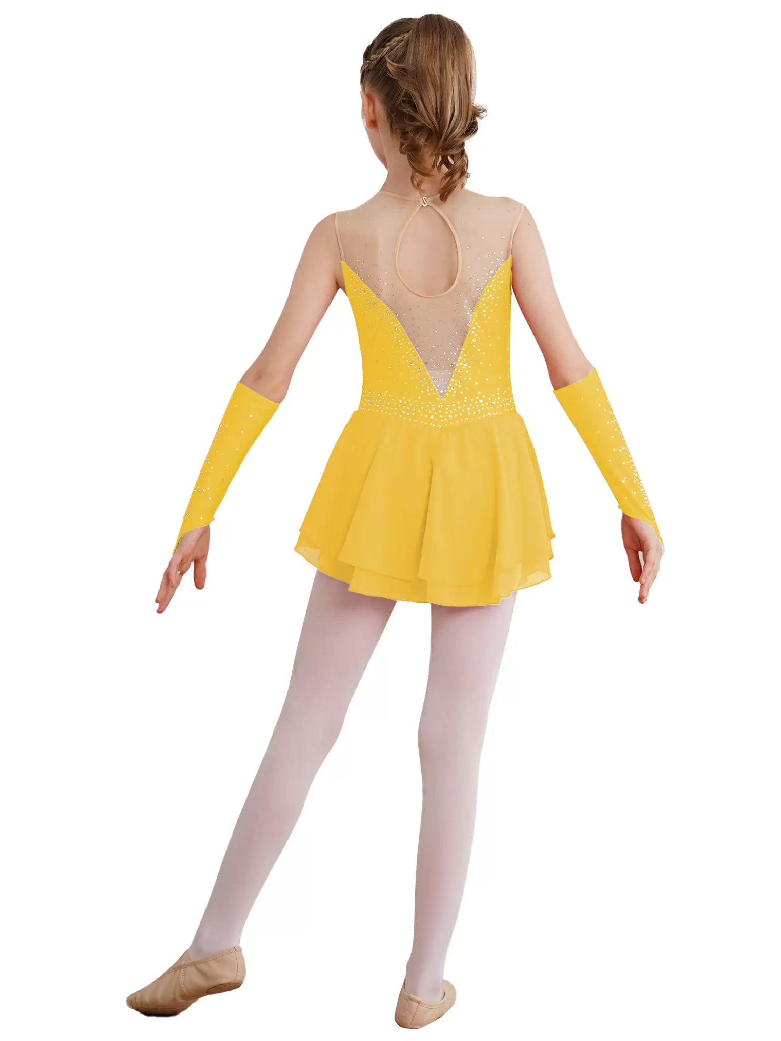 Kids Girls Sleeveless A-line Figure Skating Leotard Dress with Gloves