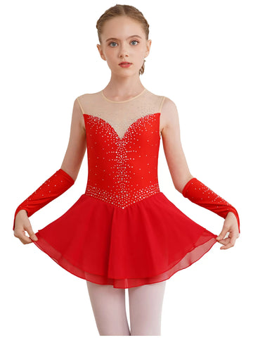 Kids Girls Sleeveless A-line Figure Skating Leotard Dress with Gloves