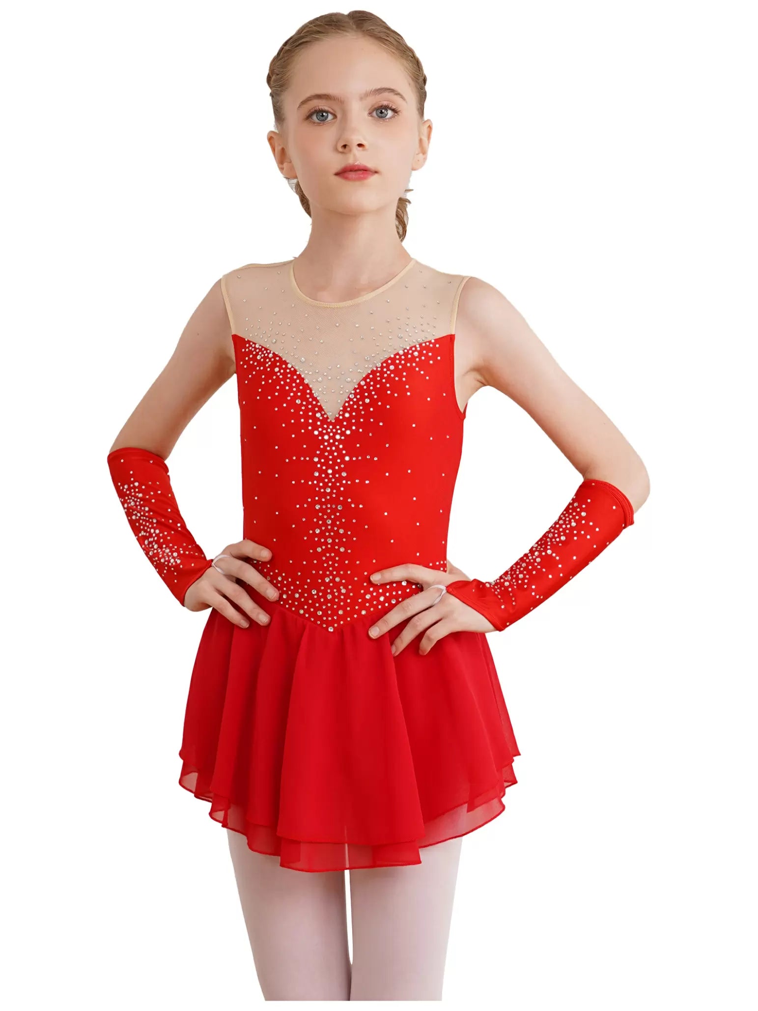 Kids Girls Sleeveless A-line Figure Skating Leotard Dress with Gloves