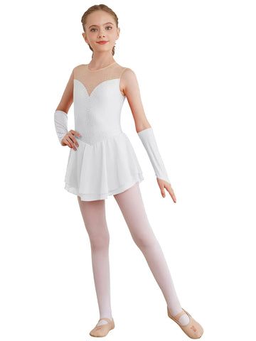 Kids Girls Sleeveless A-line Figure Skating Leotard Dress with Gloves