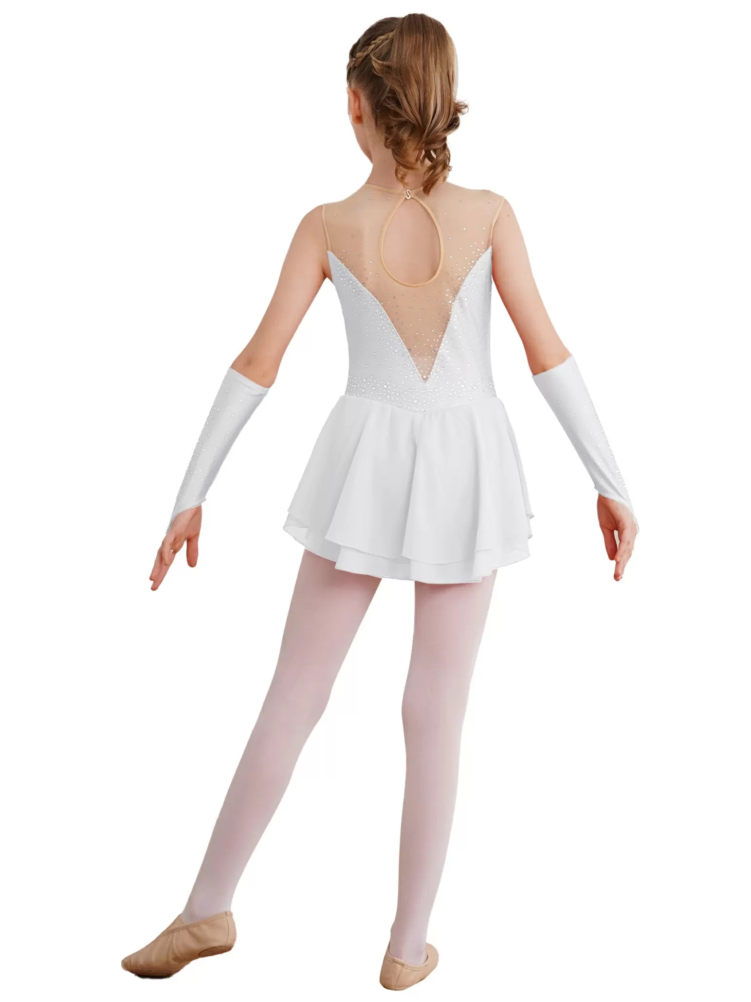 Kids Girls Sleeveless A-line Figure Skating Leotard Dress with Gloves