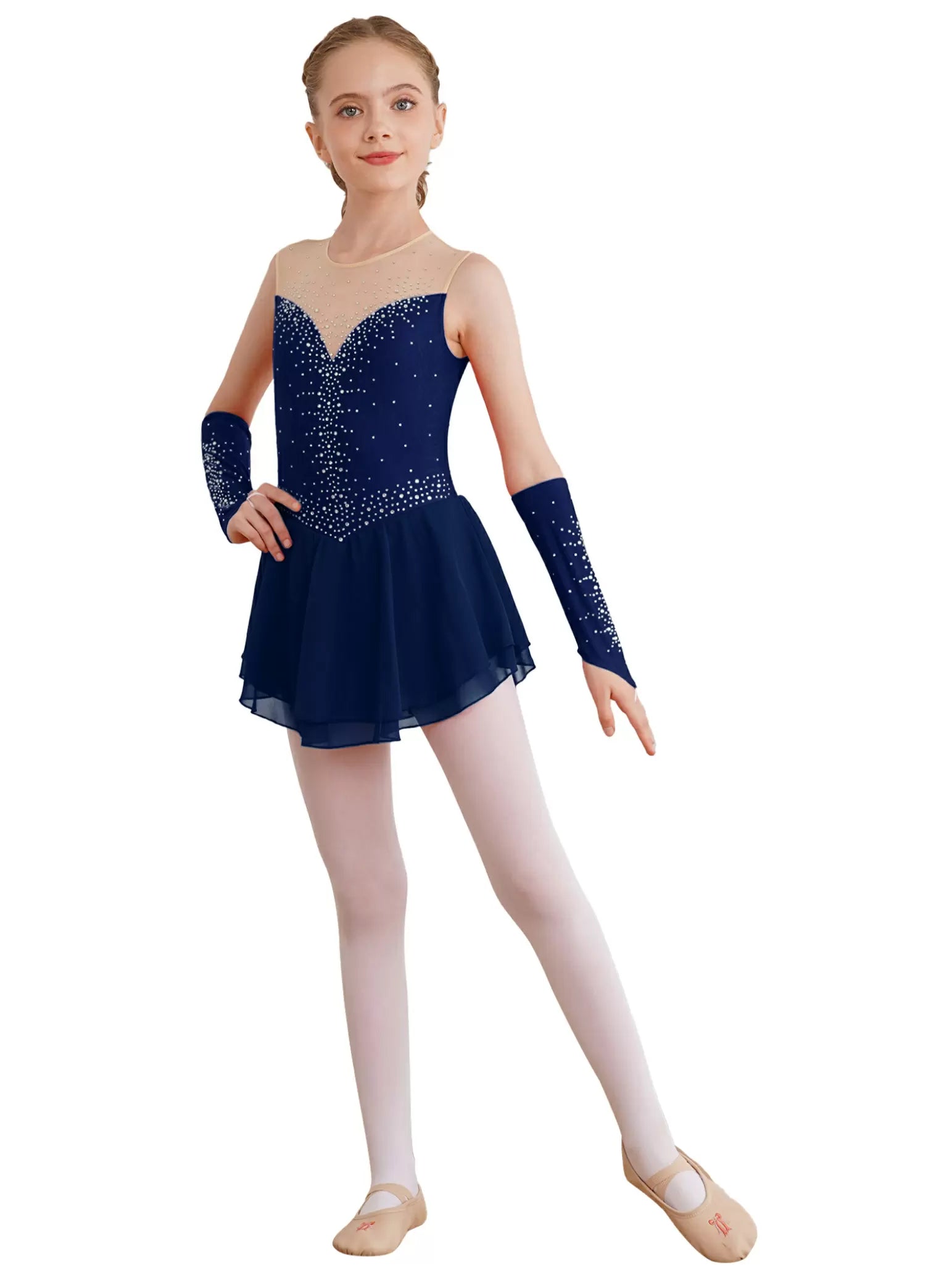 Kids Girls Sleeveless A-line Figure Skating Leotard Dress with Gloves