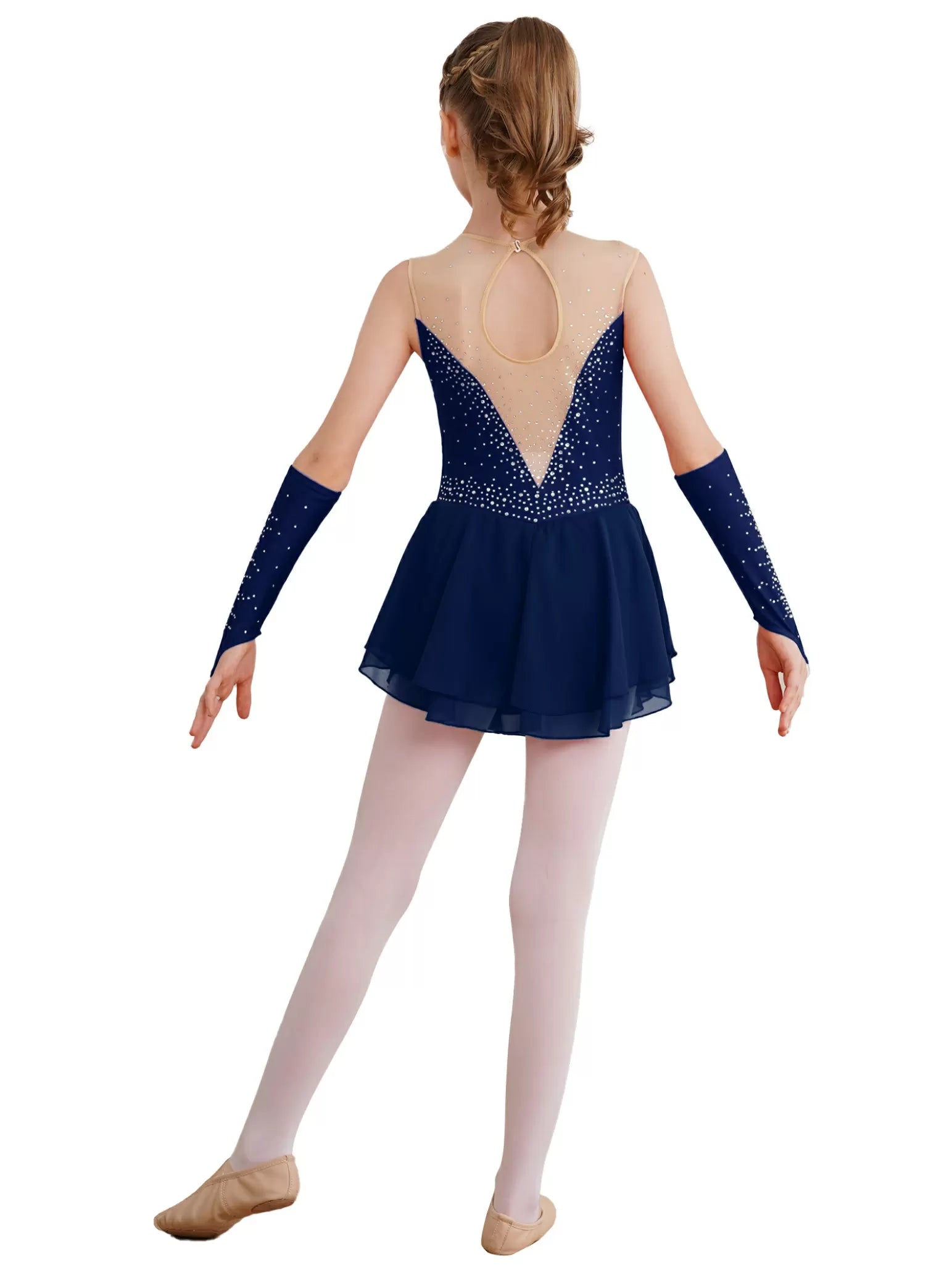 Kids Girls Sleeveless A-line Figure Skating Leotard Dress with Gloves