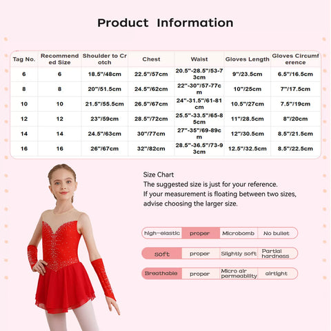 Kids Girls Sleeveless A-line Figure Skating Leotard Dress with Gloves