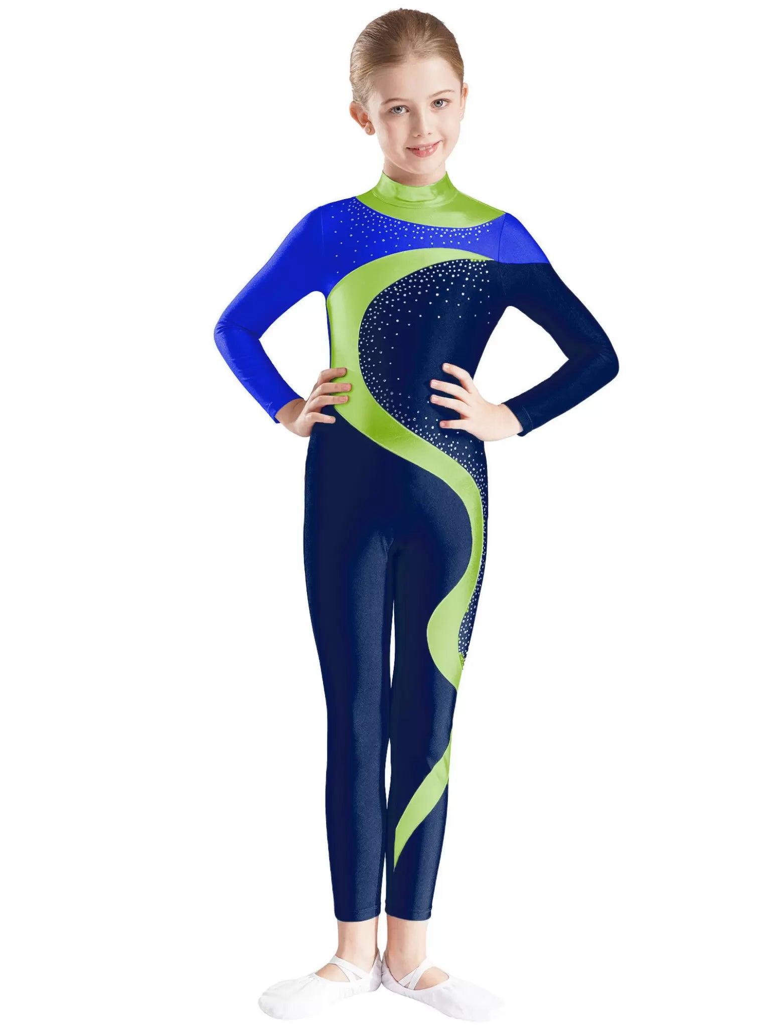 Kids Girls Long Sleeve Colorblock Rhinestones Skating Unitard