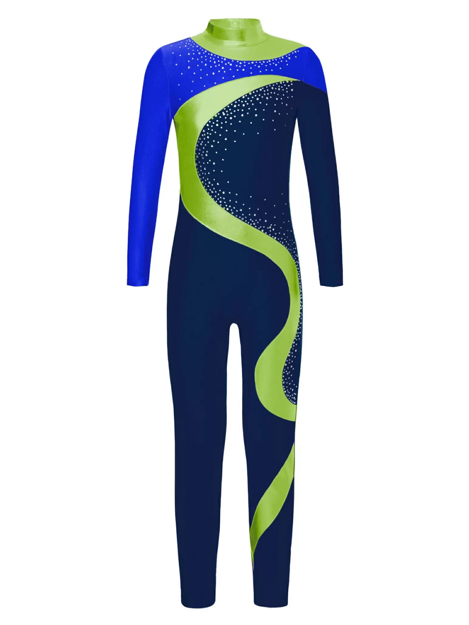 Kids Girls Long Sleeve Colorblock Rhinestones Skating Unitard