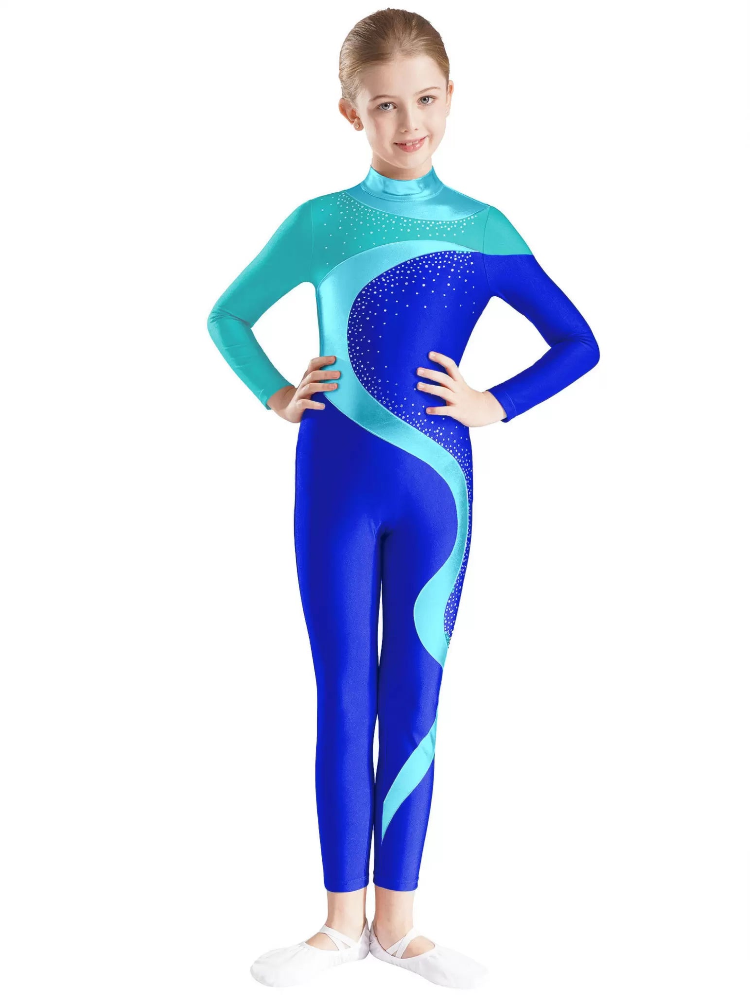 Kids Girls Long Sleeve Colorblock Rhinestones Skating Unitard