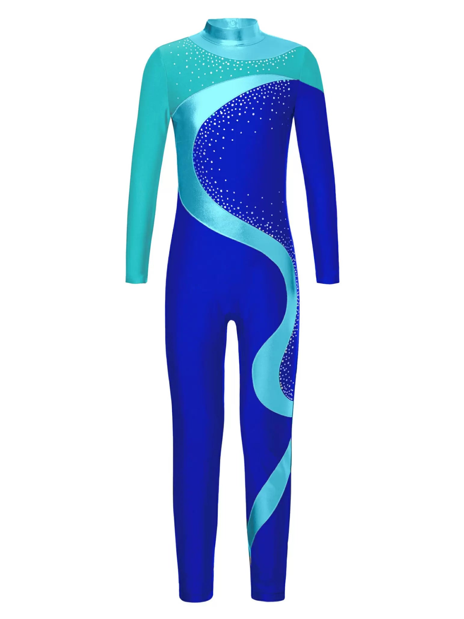 Kids Girls Long Sleeve Colorblock Rhinestones Skating Unitard