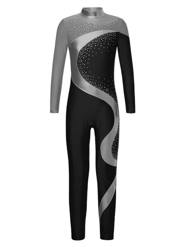 Kids Girls Long Sleeve Colorblock Rhinestones Skating Unitard