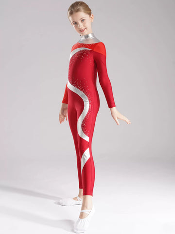 Kids Girls Long Sleeve Colorblock Rhinestones Skating Unitard