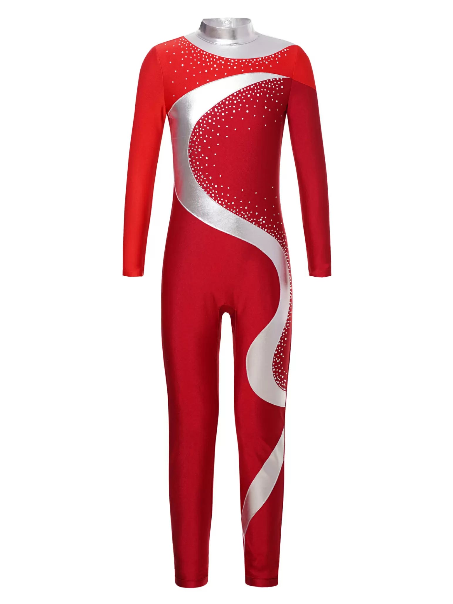 Kids Girls Long Sleeve Colorblock Rhinestones Skating Unitard