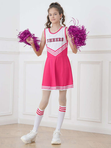 Kids Girls Cheerleader Halloween Costume Cheerleading Uniform Gymnastic Dress with Stockings Pom Pom