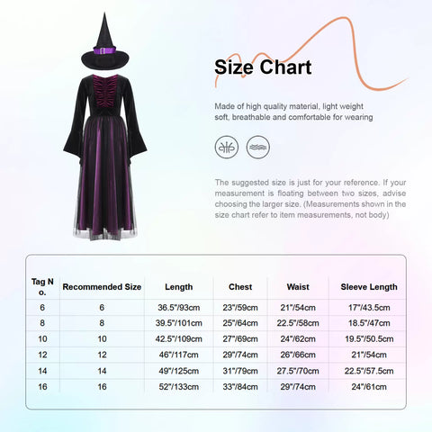 Girls Witch Costume Velvet Long Dress with Hat for Halloween Party