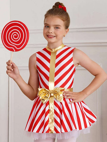 Girls Christmas Candy Cane Costume Xmas Dance Stage Performance Dress