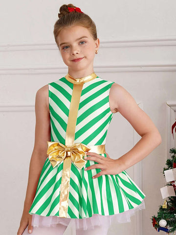 Girls Christmas Candy Cane Costume Xmas Dance Stage Performance Dress