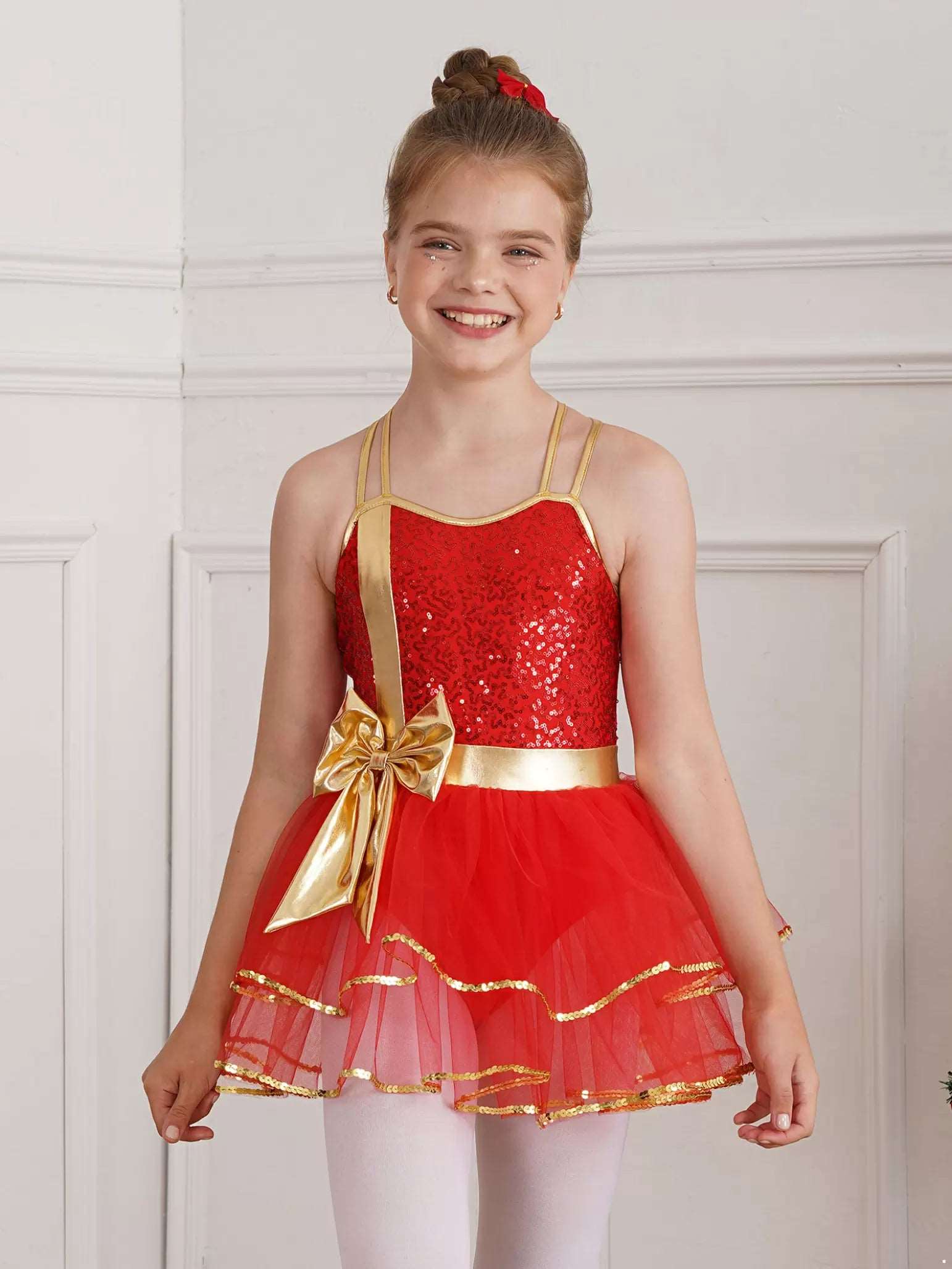 Girls Shiny Sequins Christmas Dance Tutu Dress Leotard Dancewear