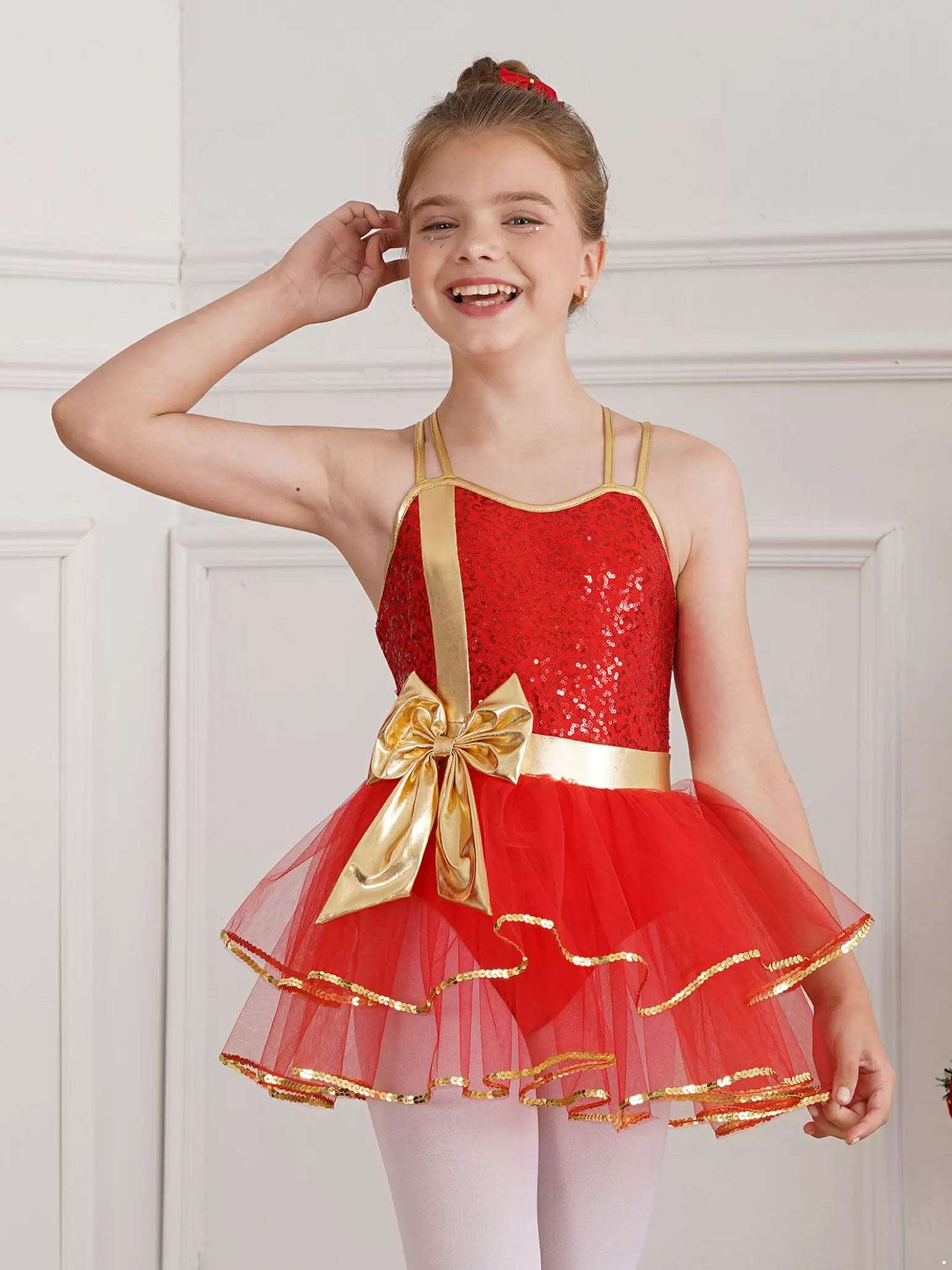 Girls Shiny Sequins Christmas Dance Tutu Dress Leotard Dancewear