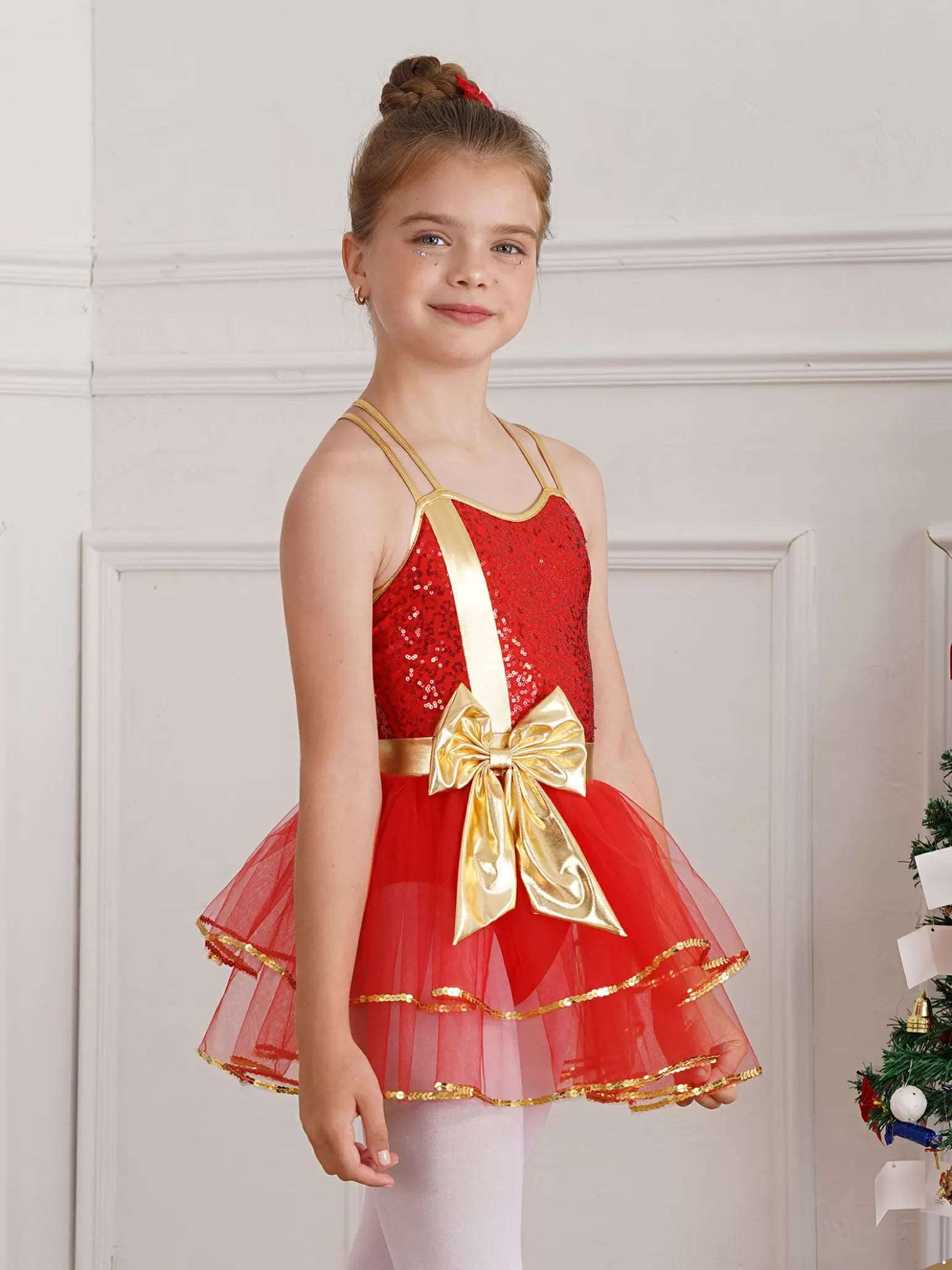 Girls Shiny Sequins Christmas Dance Tutu Dress Leotard Dancewear