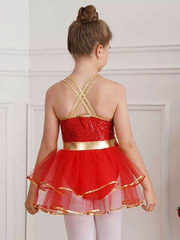 Girls Shiny Sequins Christmas Dance Tutu Dress Leotard Dancewear