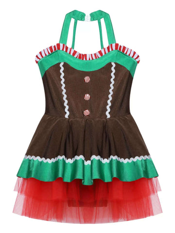 Girls Christmas Gingerbread Man Costume Xmas Dance Tutu Dress