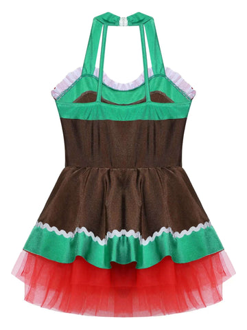 Girls Christmas Gingerbread Man Costume Xmas Dance Tutu Dress