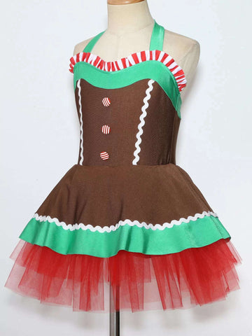 Girls Christmas Gingerbread Man Costume Xmas Dance Tutu Dress