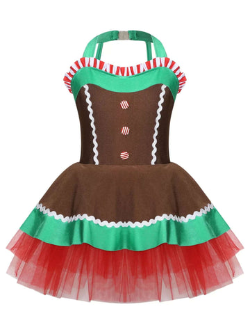 Girls Christmas Gingerbread Man Costume Xmas Dance Tutu Dress