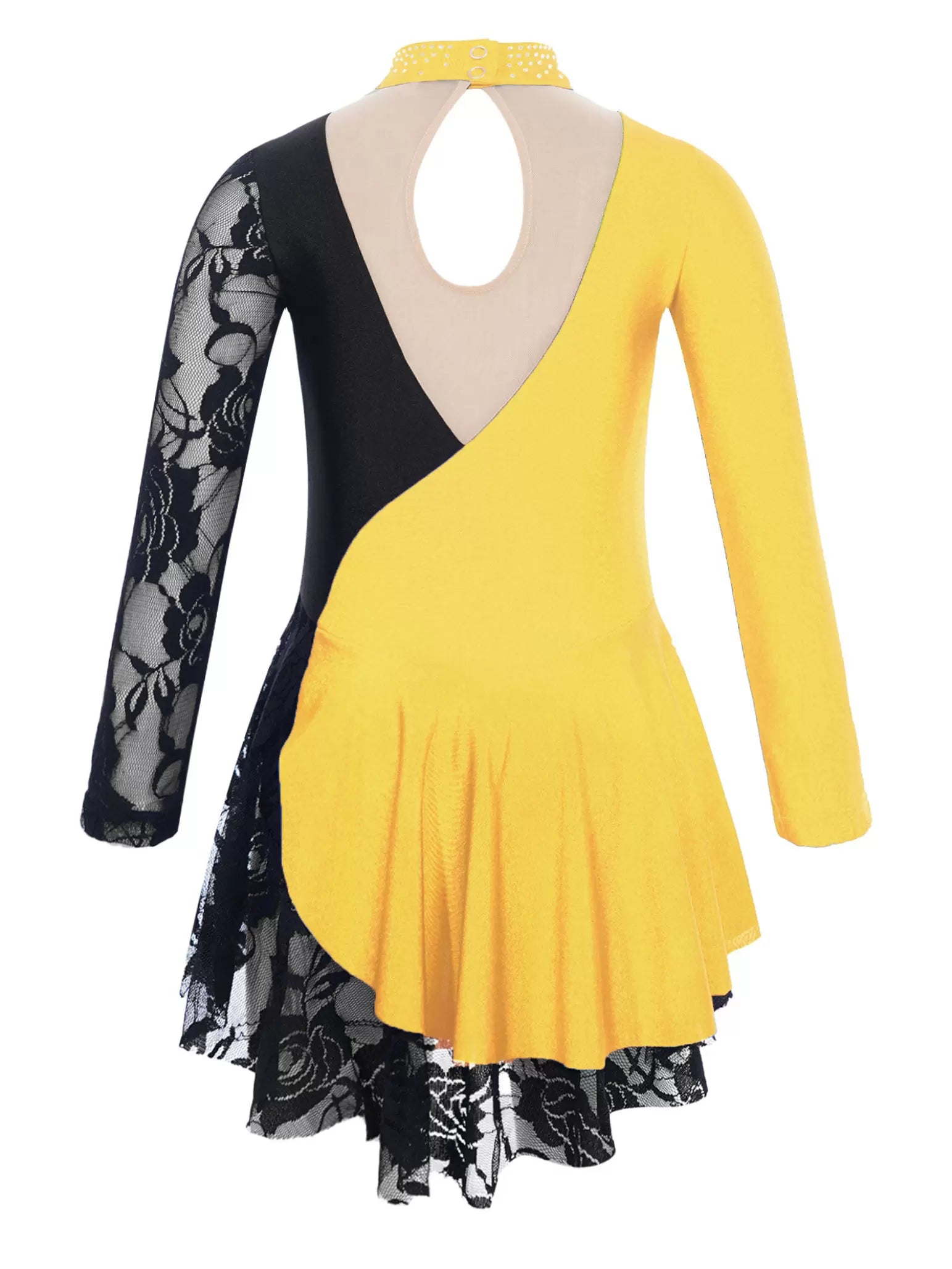 Kids Girls Lace Long Sleeve Floral Lace Figure Ice Skating Dance Dress