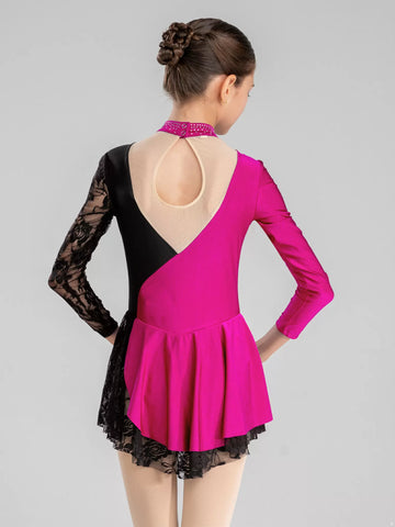 Kids Girls Lace Long Sleeve Floral Lace Figure Ice Skating Dance Dress