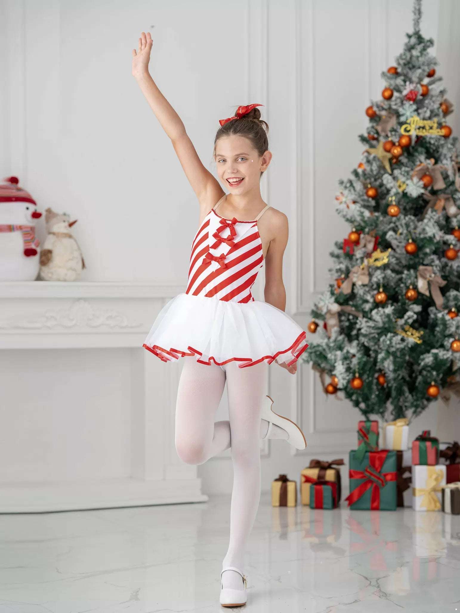 Kids Girls Christmas Sleeveless Bowknot Stripes Mesh Tutu Dress