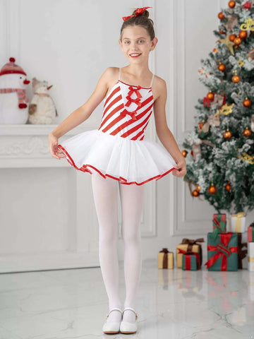 Kids Girls Christmas Sleeveless Bowknot Stripes Mesh Tutu Dress