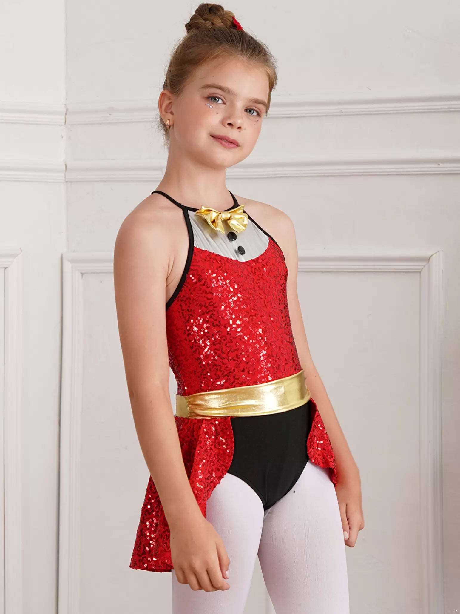 Kids Girls Christmas Sequin Bowknot Leotard Dress